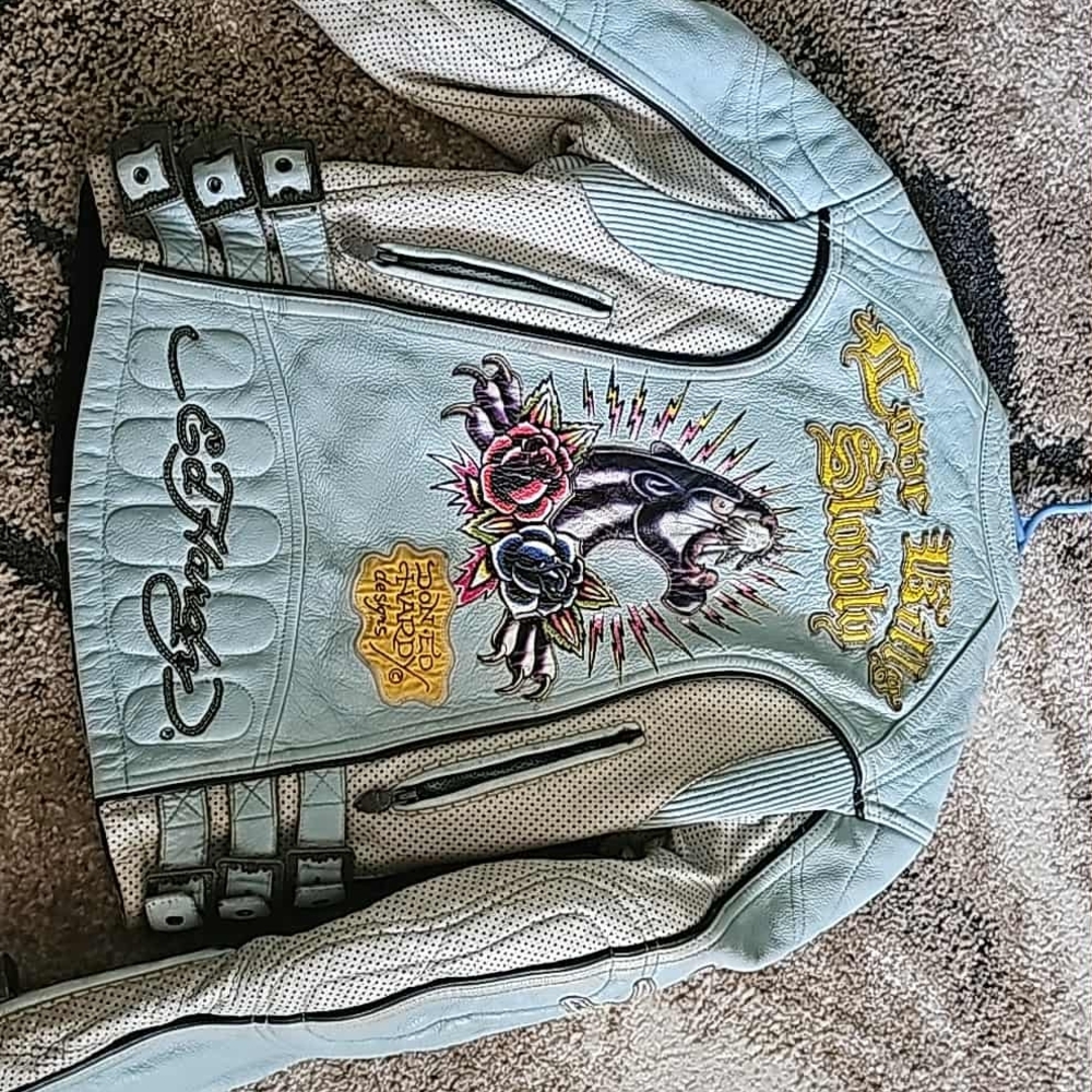 Ed Hardy Light Blue Leather Jacket with Graphic Accents - Picture 2 of 5